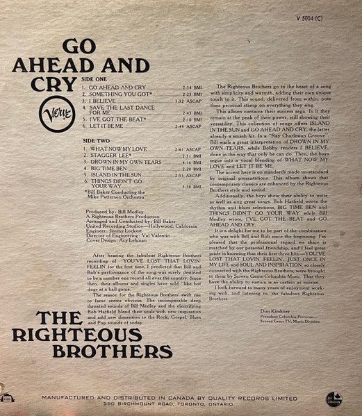 The Righteous Brothers : Go Ahead And Cry (LP, Album, Mono)