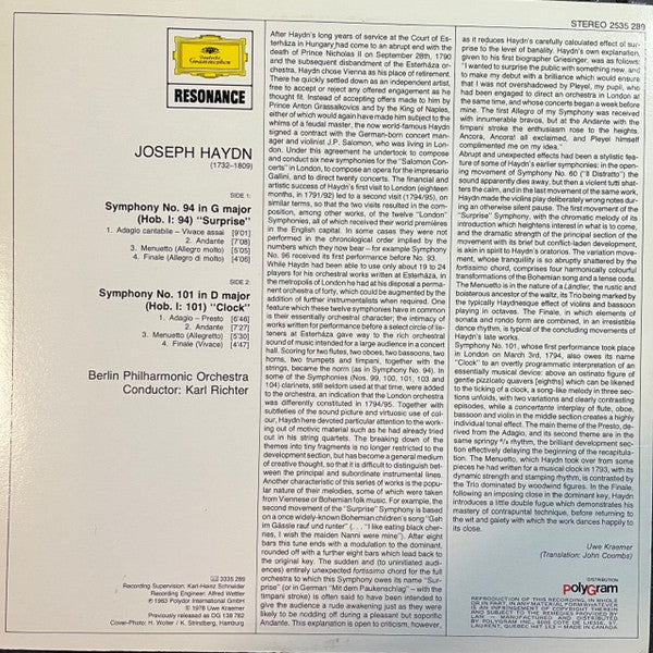 Joseph Haydn, Berlin Philharmonic Orchestra*, Karl Richter : Symphonies No.94, "Surprise" And No.101, "Clock" (LP, RE)