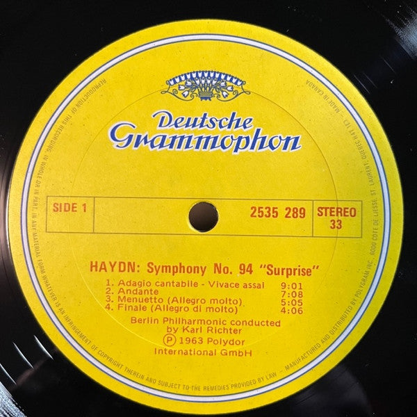Joseph Haydn, Berlin Philharmonic Orchestra*, Karl Richter : Symphonies No.94, "Surprise" And No.101, "Clock" (LP, RE)