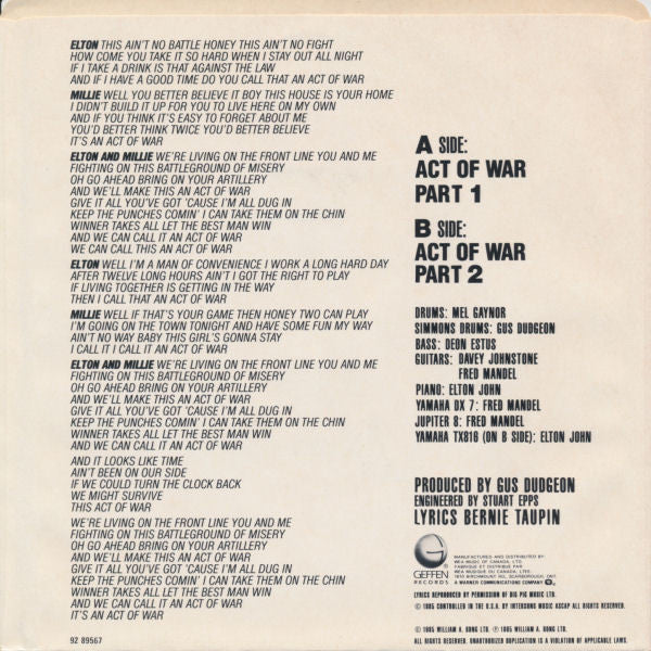 Elton John / Millie Jackson : Act Of War (7", Single)