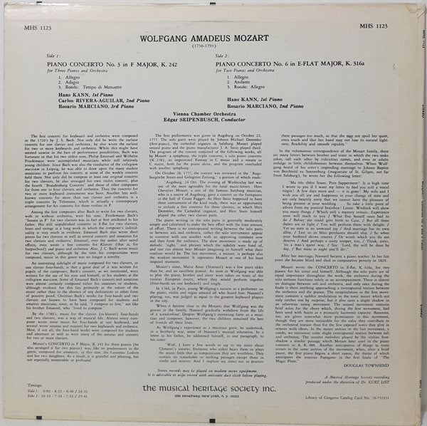 Wolfgang Amadeus Mozart - Hans Kann, Rosario Marciano, Carlos Rivera-Aguilar, Wiener Kammerorchester, Edgar Seipenbusch : Concerto No. 3 In F Major, K. 242 / Concerto No. 6 In E-Flat Major, K. 316a (LP)