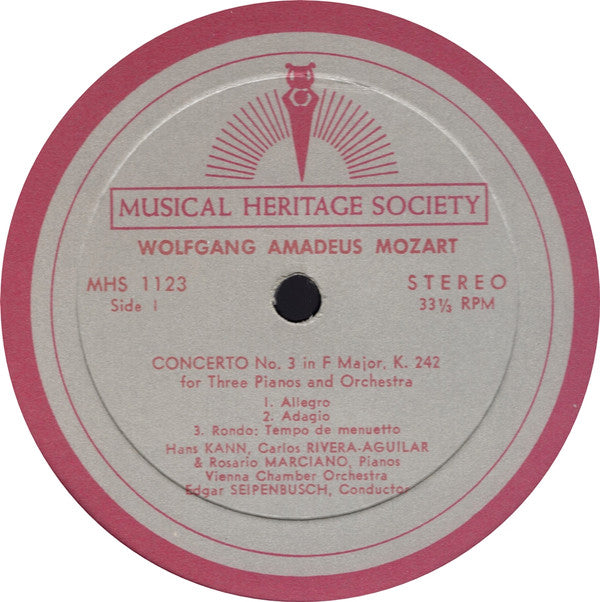 Wolfgang Amadeus Mozart - Hans Kann, Rosario Marciano, Carlos Rivera-Aguilar, Wiener Kammerorchester, Edgar Seipenbusch : Concerto No. 3 In F Major, K. 242 / Concerto No. 6 In E-Flat Major, K. 316a (LP)
