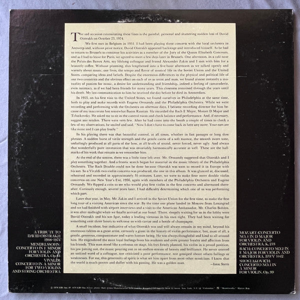 New York Philharmonic, The Philadelphia Orchestra, Dimitri Mitropoulos, Isaac Stern : A Tribute To David Oistrakh 1908-1974 (2xLP, Comp)