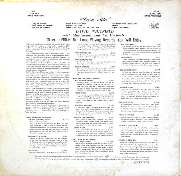 David Whitfield With Mantovani And His Orchestra And The Roland Shaw Orchestra : Cara Mia (LP, Album, Mono)