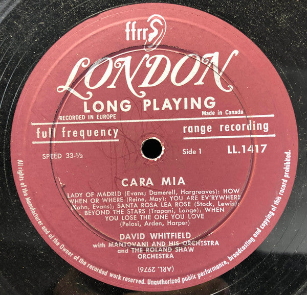 David Whitfield With Mantovani And His Orchestra And The Roland Shaw Orchestra : Cara Mia (LP, Album, Mono)