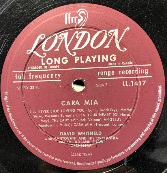 David Whitfield With Mantovani And His Orchestra And The Roland Shaw Orchestra : Cara Mia (LP, Album, Mono)