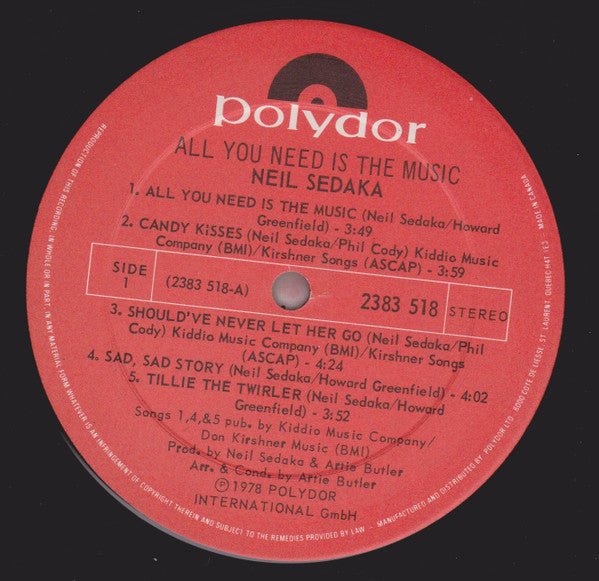 Neil Sedaka : All You Need Is The Music (LP, Album, Gat)