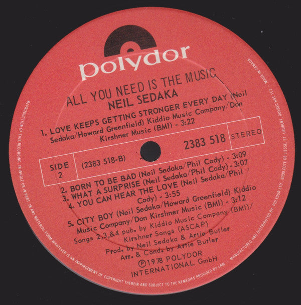 Neil Sedaka : All You Need Is The Music (LP, Album, Gat)