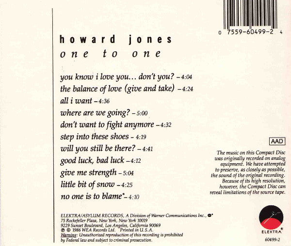 Howard Jones : One To One (CD, Album)