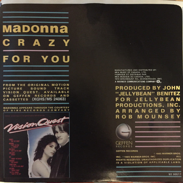 Madonna : Crazy For You (7", Bla)