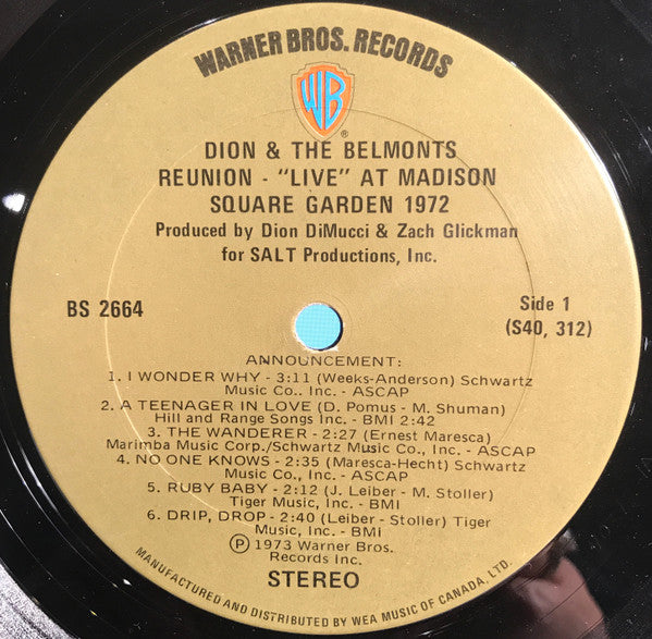 Dion & The Belmonts : Reunion - "Live" At Madison Square Garden 1972 (LP, Album)