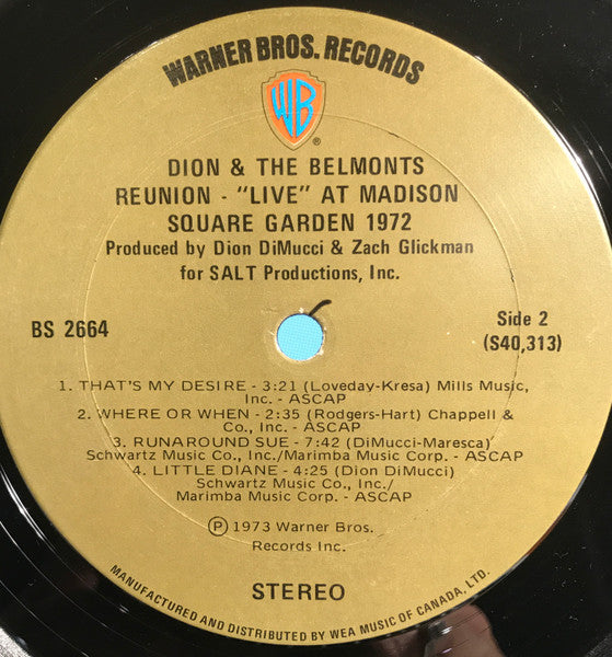 Dion & The Belmonts : Reunion - "Live" At Madison Square Garden 1972 (LP, Album)