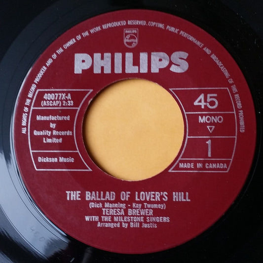 Teresa Brewer With The Milestone Singers : The Ballad Of Lover's Hill (7", Single, Mono)