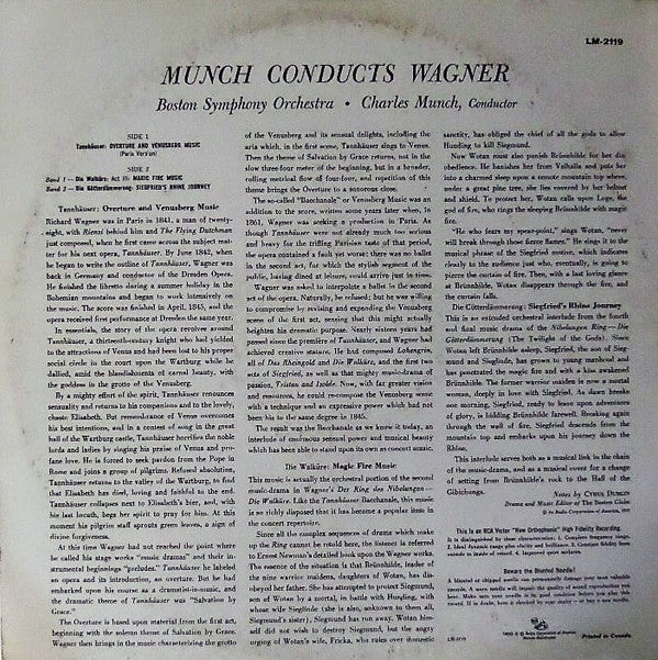Richard Wagner, Boston Symphony Orchestra, Charles Munch : Music From Tannhäuser, Die Walküre And Die Götterdämmerung (LP, Mono)