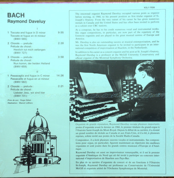 Johann Sebastian Bach - Raymond Daveluy : Bach (LP, Album, RE)