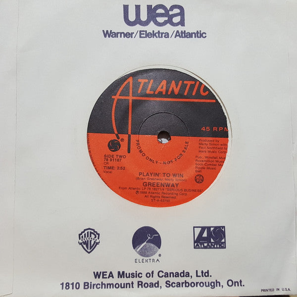 Greenway* : In The Danger Zone (7", Single, Promo)