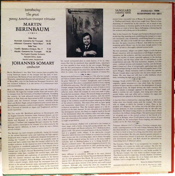 Martin Berinbaum, Johannes Somary, Harold Lester, English Chamber Orchestra : Introducing The Great Young American Trumpet Virtuoso Martin Berinbaum (LP, Album, Quad)