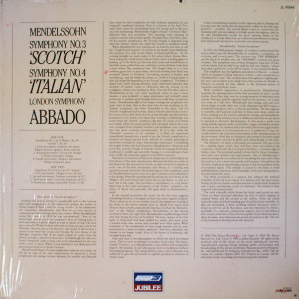 Mendelssohn*, London Symphony*, Abbado* : Symphony No.3 'Scotch' / Symphony No.4 'Italian'  (LP, RE)