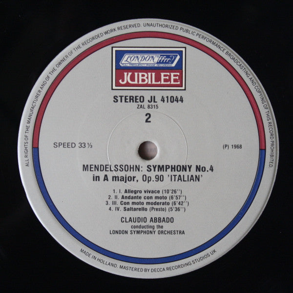 Mendelssohn*, London Symphony*, Abbado* : Symphony No.3 'Scotch' / Symphony No.4 'Italian'  (LP, RE)
