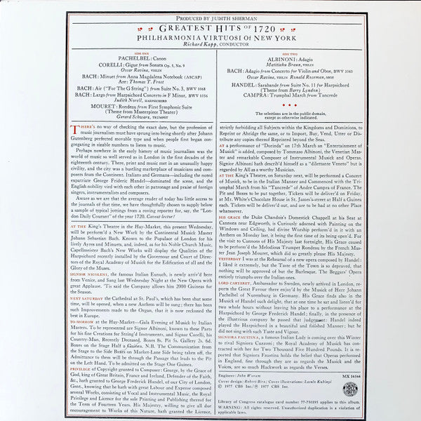 Philharmonia Virtuosi of New York*, Richard Kapp : Greatest Hits Of 1720 (LP)