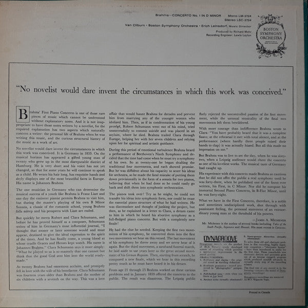 Johannes Brahms / Van Cliburn, Boston Symphony Orchestra, Erich Leinsdorf : Concerto No. 1 (LP)