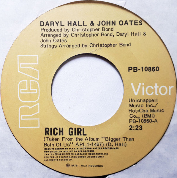 Daryl Hall & John Oates : Rich Girl (7", Single)