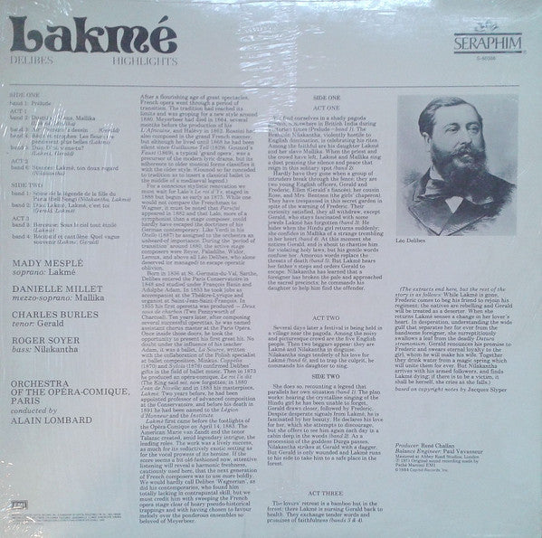 Delibes*  -  Mady Mesplé, Charles Burles, Roger Soyer, Danielle Millet, Orchestra Of The Paris Opéra-Comique*, Alain Lombard : Lakmé (Highlights) (LP)