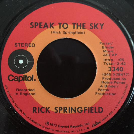 Rick Springfield : Speak To The Sky (7", Single)