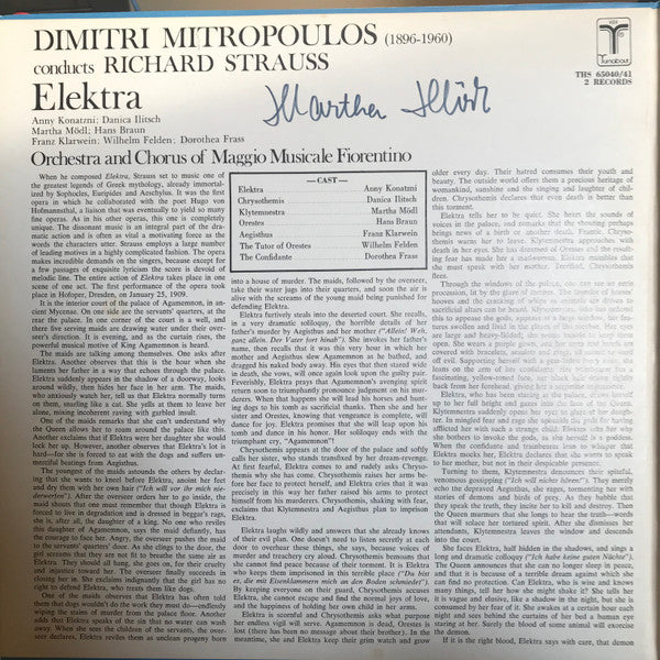 Dimitri Mitropoulos Conducts Richard Strauss, Anny Konetzni, Daniza Ilitsch, Martha Mödl, Hans Braun, Franz Klarwein, Wilhelm Felden, Dorothea Frass, Orchestra Del Maggio Musicale Fiorentino And Coro Del Maggio Musicale Fiorentino : Elektra (2xLP, Album)