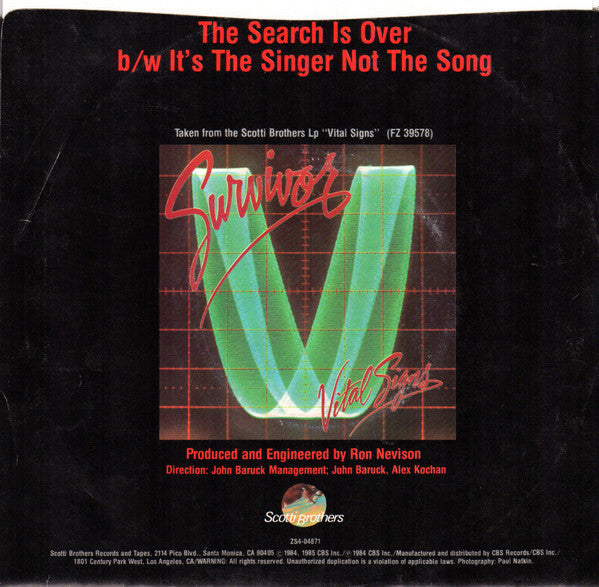 Survivor : The Search Is Over (7", Single, Styrene, Car)