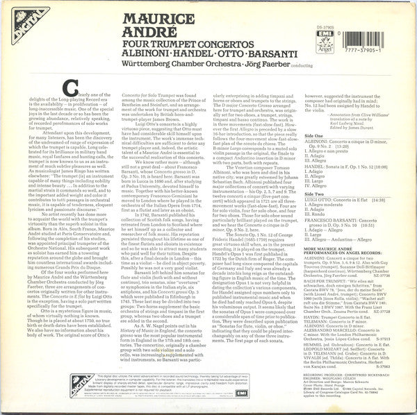 Maurice André, Württemberg Chamber Orchestra*, Jörg Faerber, Albinoni*, Handel*, Otto*, Barsanti* : Four Trumpet Concertos (LP)