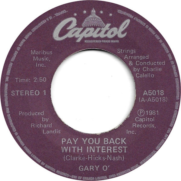 Gary O'Connor : Pay You Back With Interest (7")