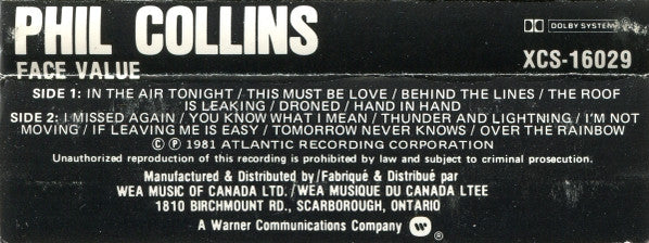 Phil Collins : Face Value (Cass, Album, RE, CR)
