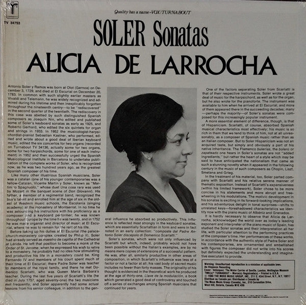 Alicia De Larrocha, Padre Antonio Soler : Sonatas (LP)