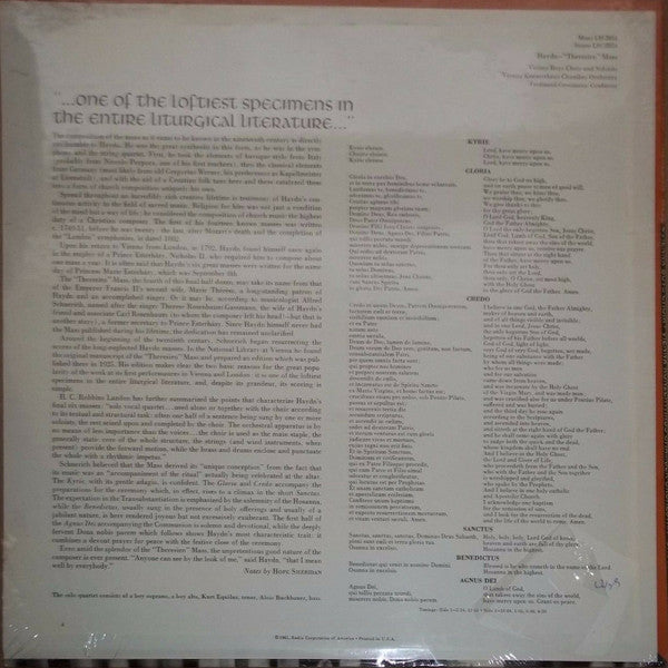 Joseph Haydn, Die Wiener Sängerknaben, Das Wiener Konzerthaus-Kammerorchester, Ferdinand Grossmann : "Theresien" Mass (LP)