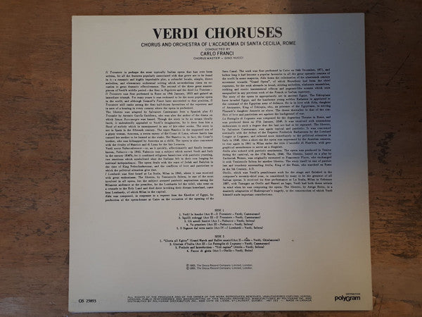 Giuseppe Verdi - Coro dell'Accademia Nazionale di Santa Cecilia And Orchestra dell'Accademia Nazionale di Santa Cecilia, Carlo Franci : Verdi Choruses (LP, Album, RE)