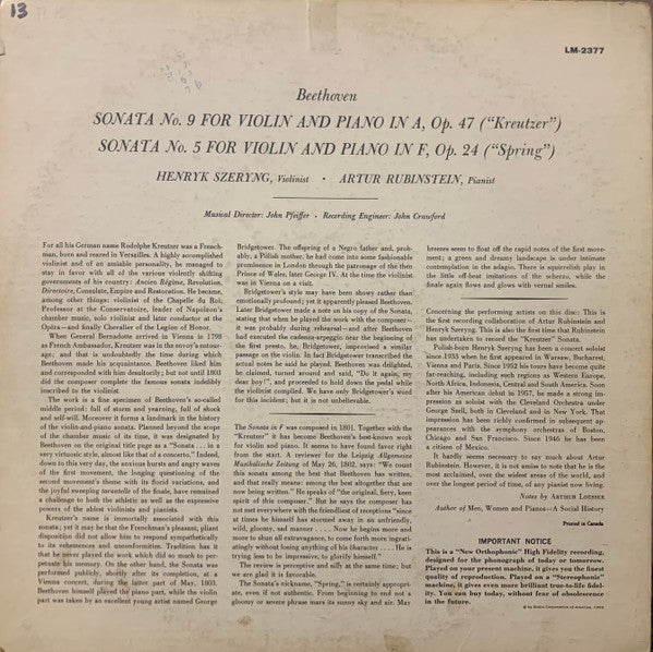 Beethoven* - Rubinstein*, Szeryng* : Kreutzer And Spring Sonatas (LP, Album, Mono)