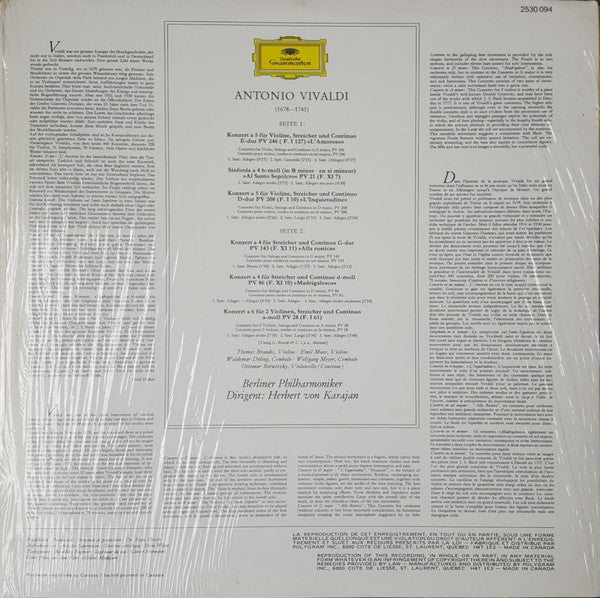 Antonio Vivaldi, Berliner Philharmoniker • Herbert Von Karajan : 6 Concerti «L'Amoroso» U.A. (LP, Album)