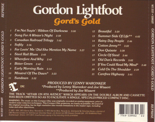 Gordon Lightfoot : Gord's Gold (CD, Comp, Club, RE, RM)