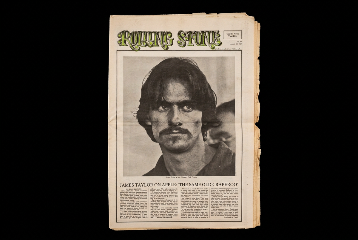 Rolling Stone No. 40 page with the James Taylor feature and Newport Folk Festival photograph, on a solid black background