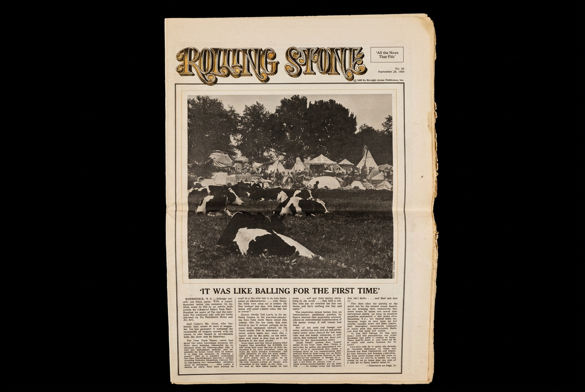 Rolling Stone No. 42 masthead page with the Woodstock feature and festival photograph, on a solid black background