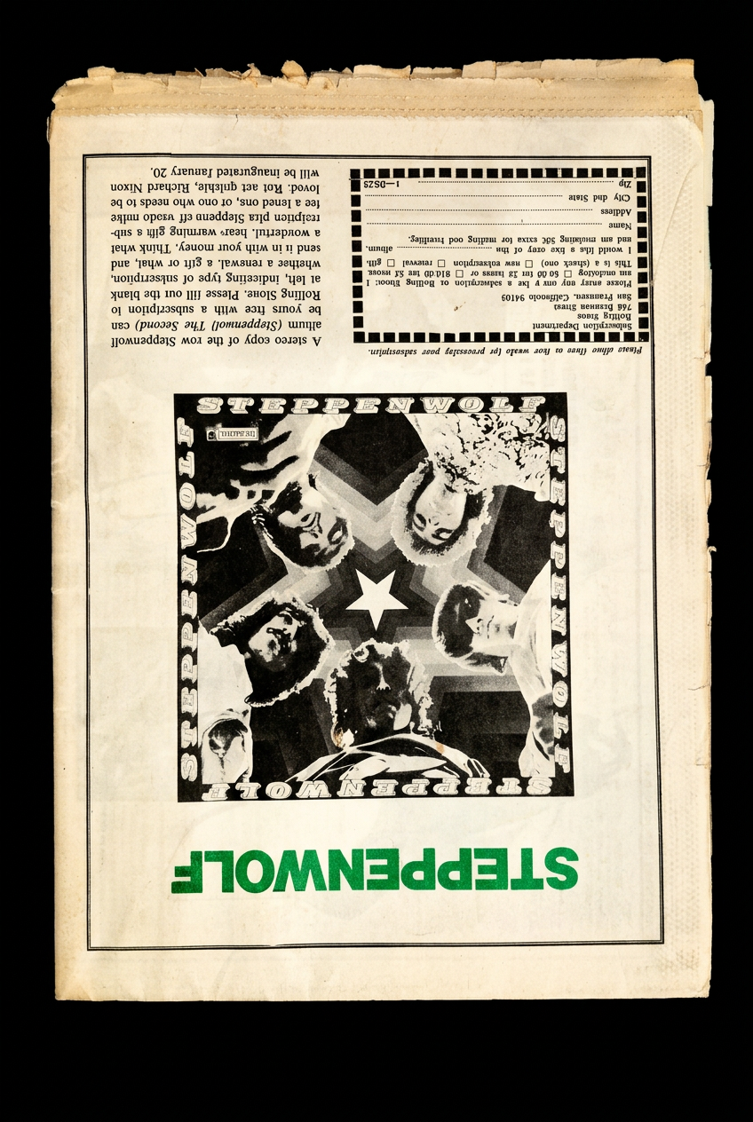 Steppenwolf advertisement on back of Rolling Stone No. 25 on black background