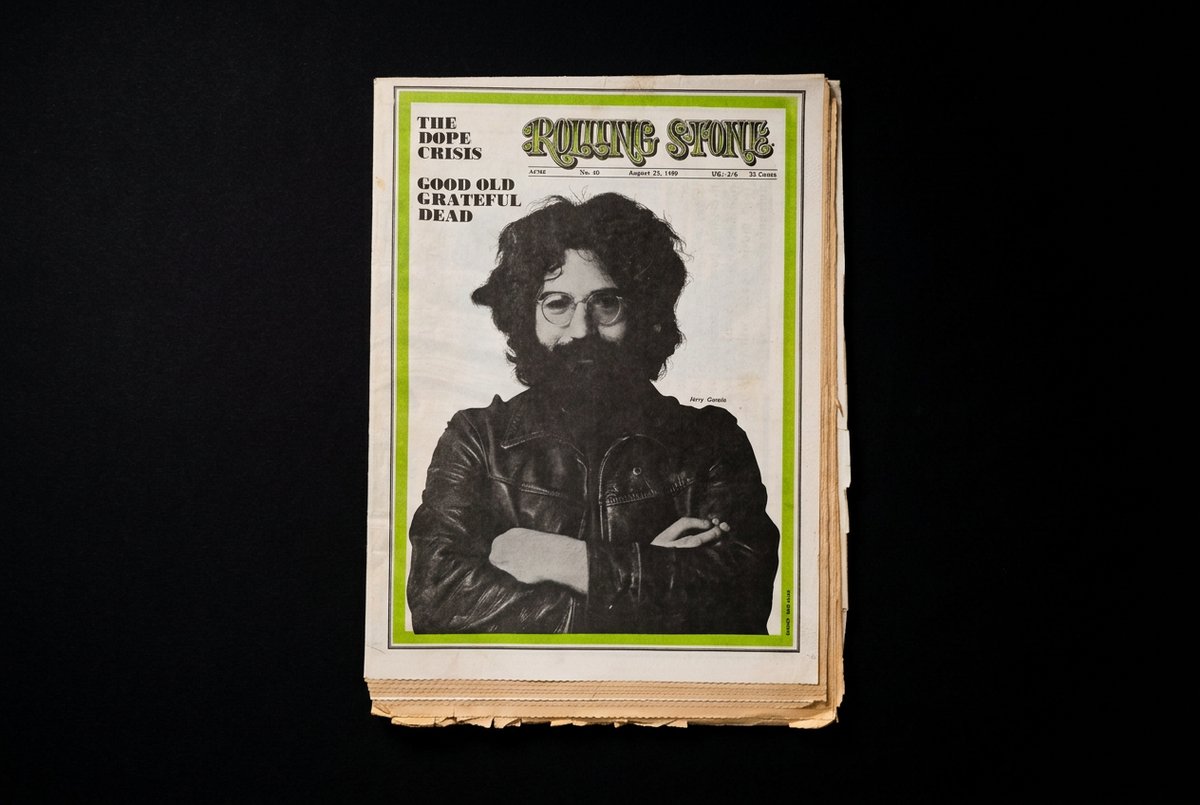Front cover of Rolling Stone No. 40, August 23, 1969, with the Jerry Garcia portrait, on a solid black background