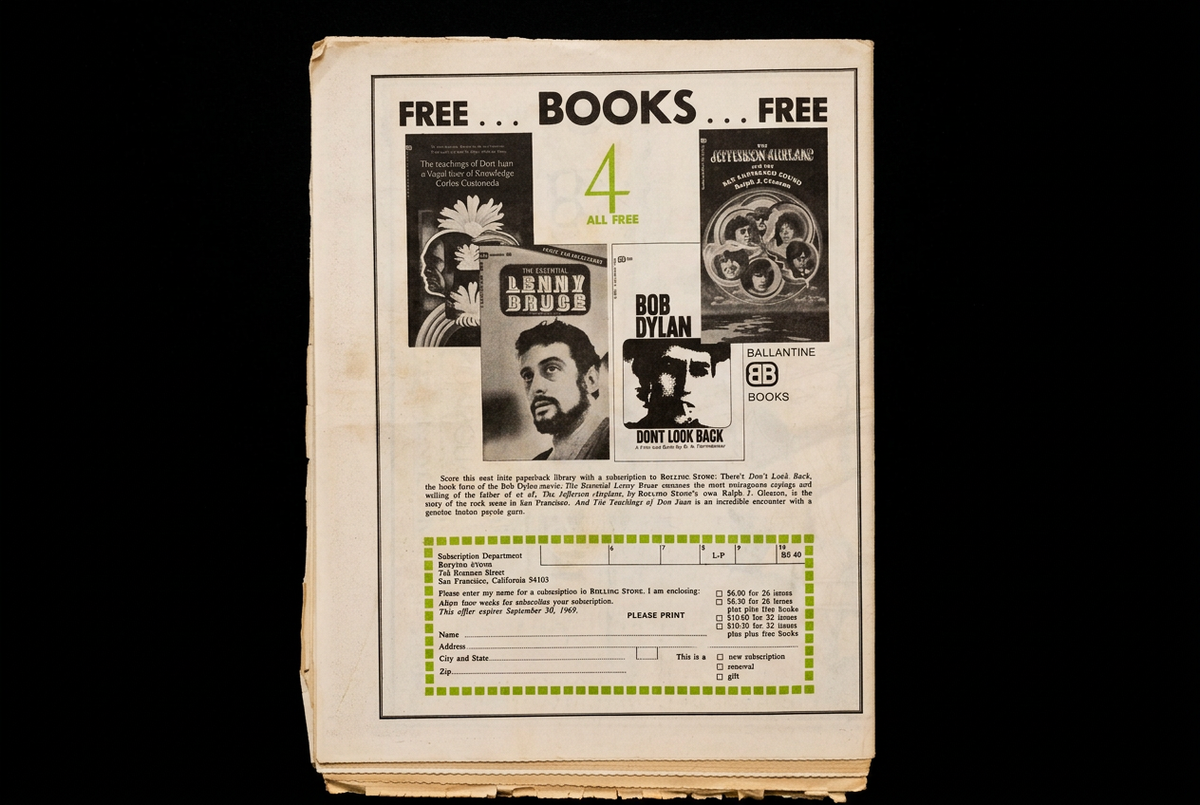 Inside page of Rolling Stone No. 40 with the FREE BOOKS Ballantine Books subscription advertisement, on a solid black background